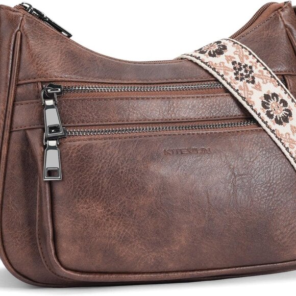Leather Crossbody Bag Women Multi Pocket Shoulder Purse with Adjustable Strap - Picture 1 of 6